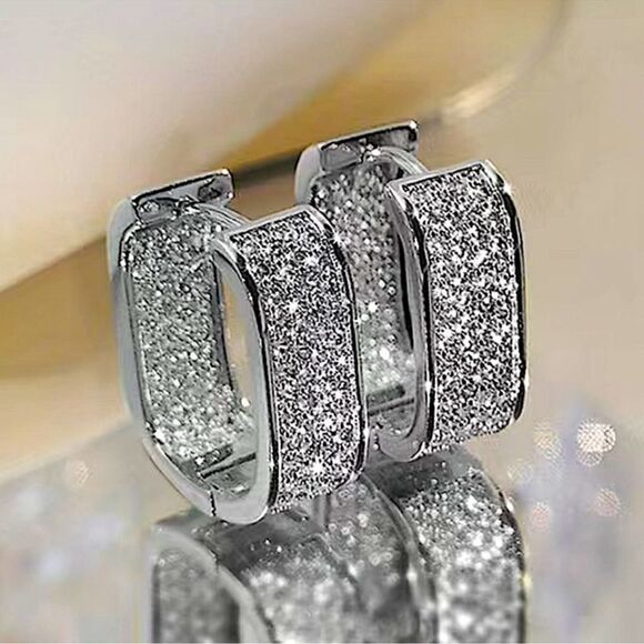 Silver Zircon Diamond White Gold Plated Pave
Square Hoop Minimalist Earrings - Picture 1 of 14